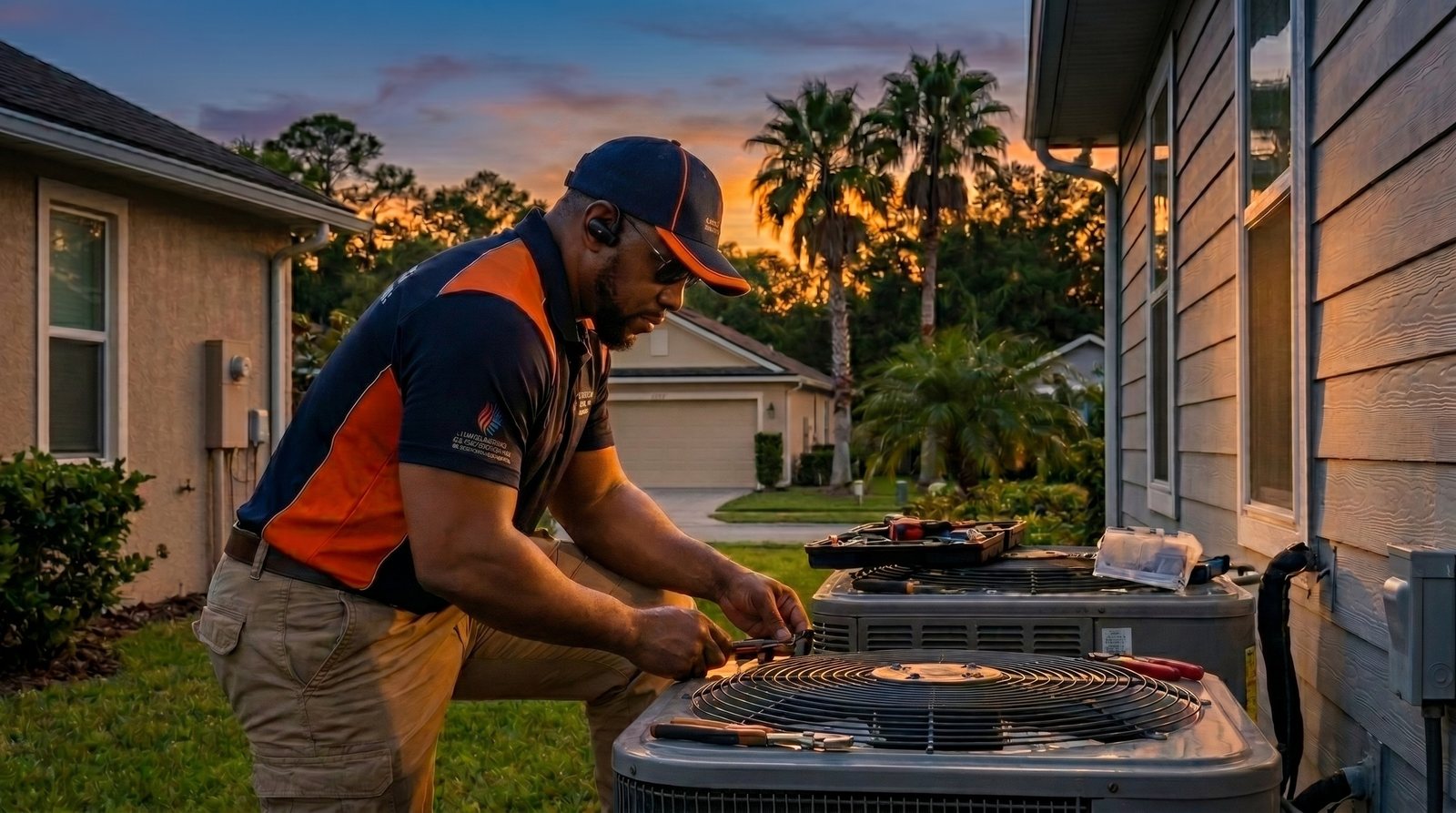 HVAC technician inspecting an outdoor air conditioning unit at sunset
