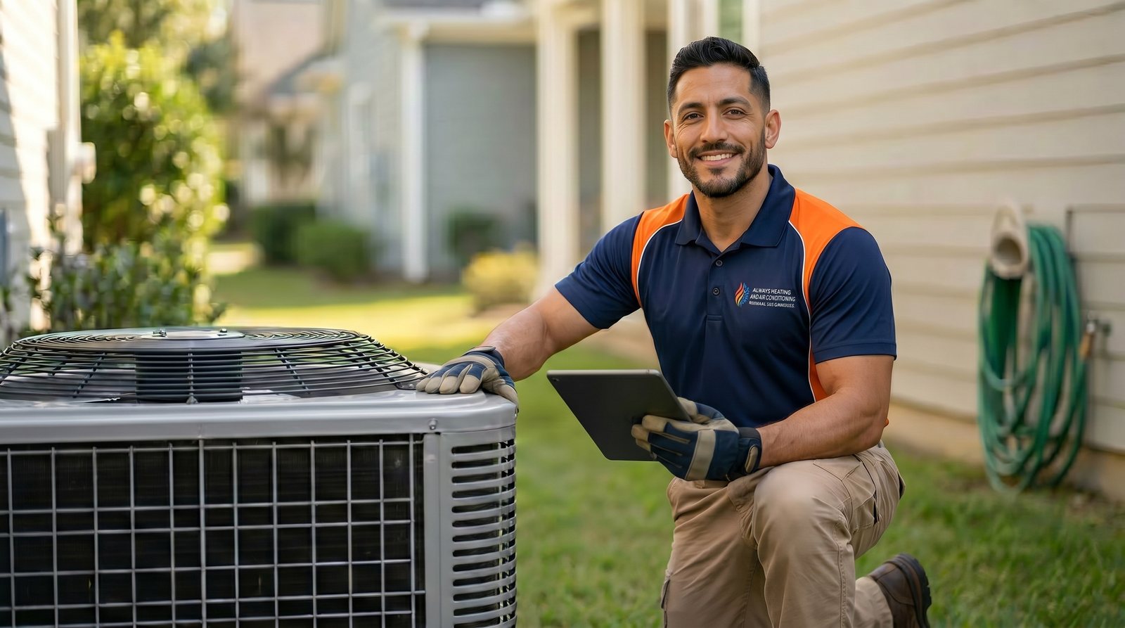 Always Heating and Air technician using a tablet beside an outdoor AC unit