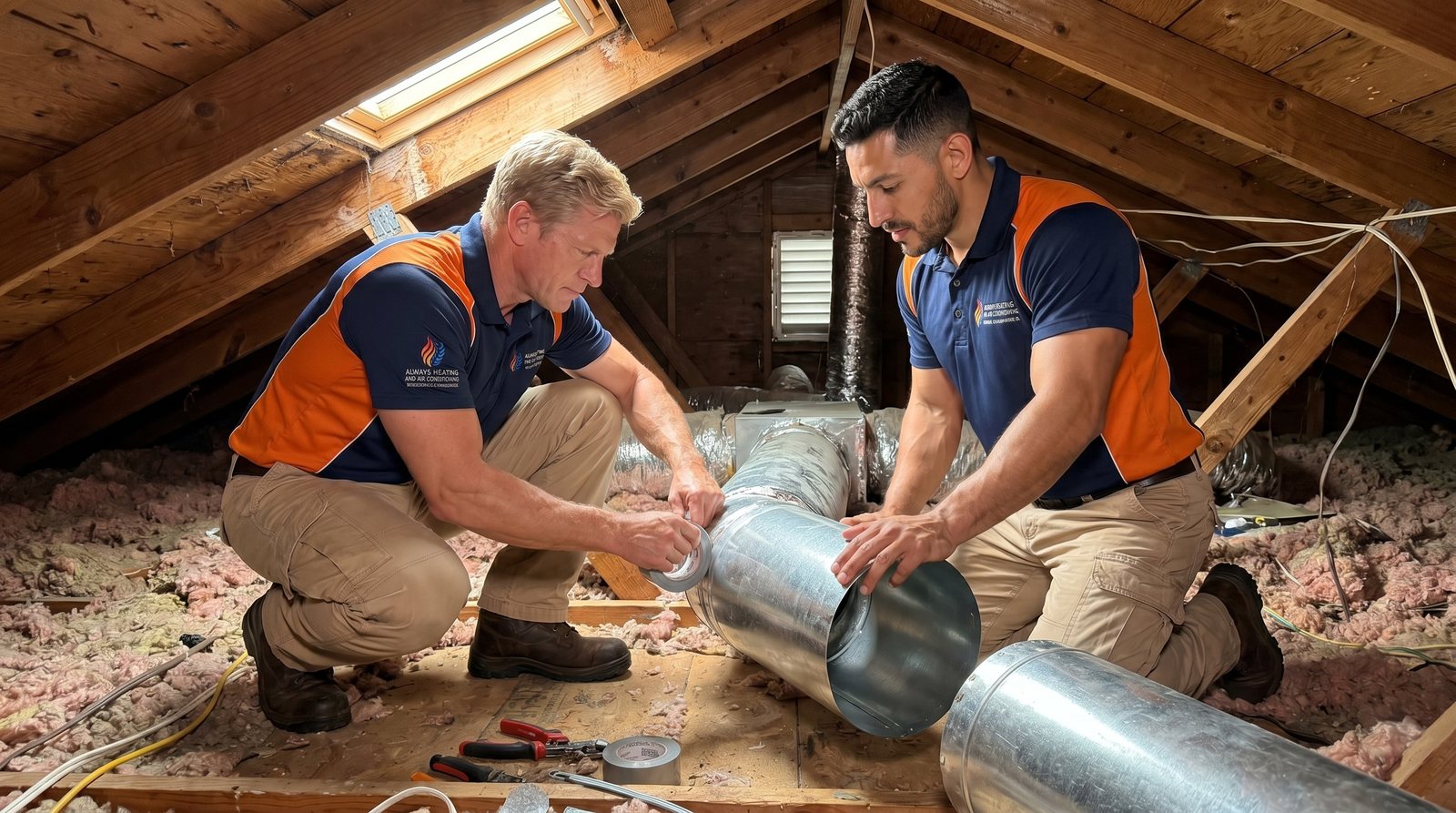 HVAC technicians working on duct installation in an attic