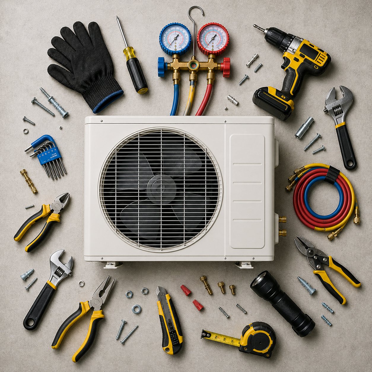 HVAC tools arranged around an outdoor unit for maintenance work