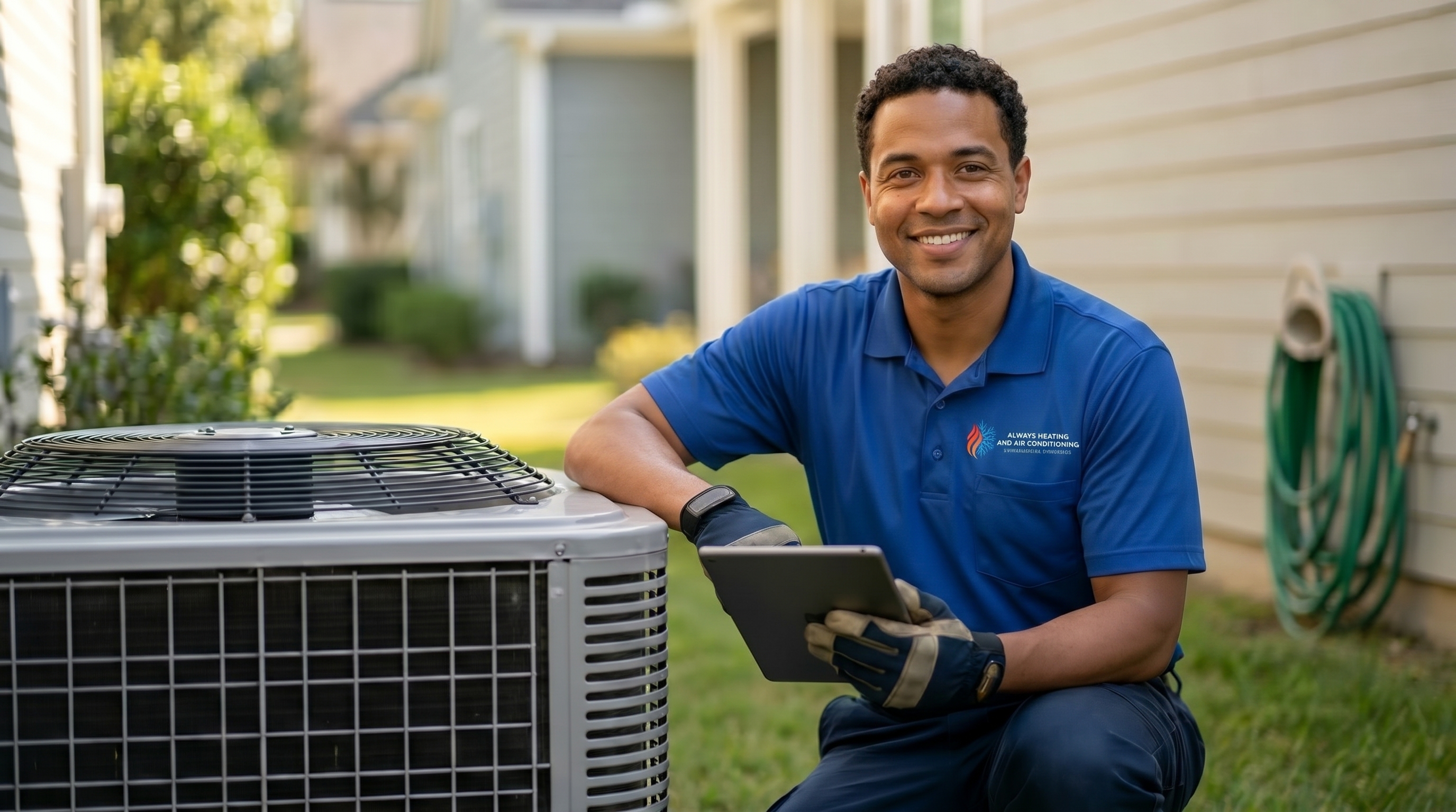 Always Heating and Air technician using a tablet beside an outdoor AC unit